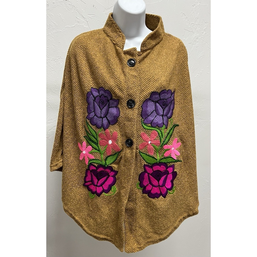 Mexican Embroidered Floral Poncho Cape Women Brown Button Front Artisan Style